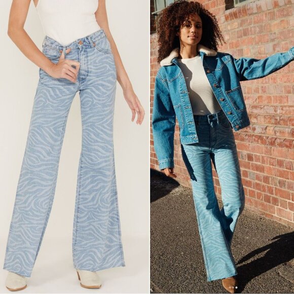 Wrangler Wanderer Flare JEANS Size 29 x 34 Blue Meow Laser Tiger Print NEW - Picture 3 of 16